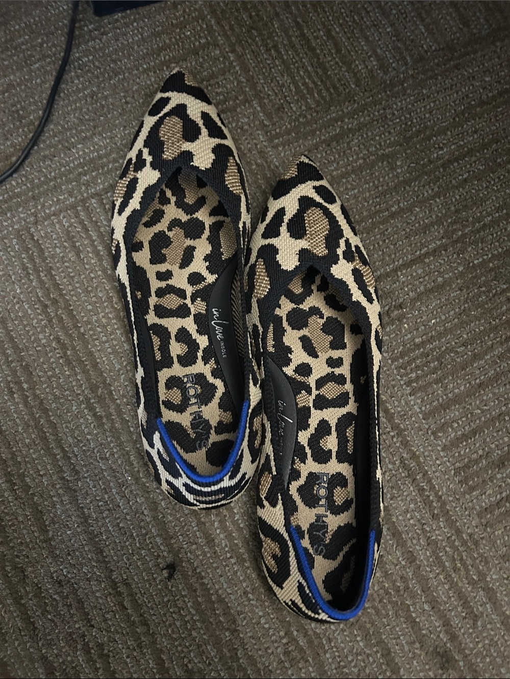 Rothy's Leopard Pointed-Toe Flats in Black, Tan & Blue Trim